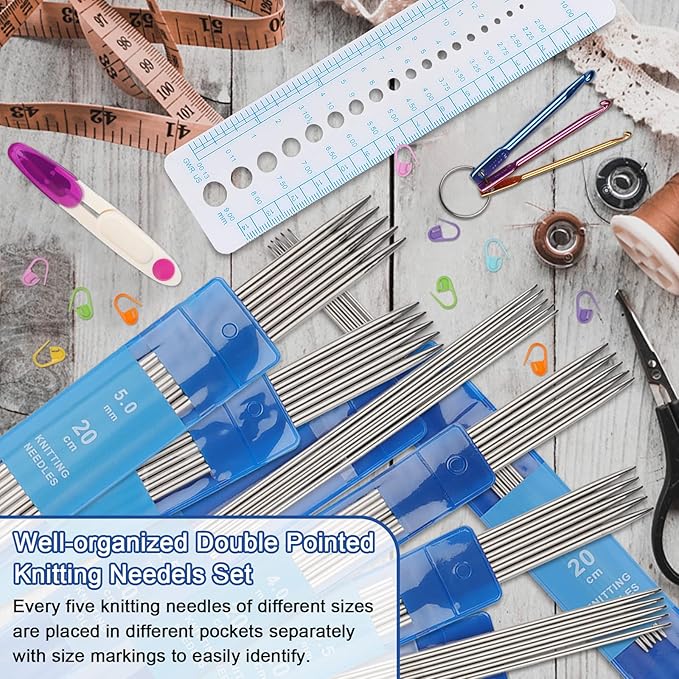 Coopay Double Pointed Knitting Needles Set 7.9", 35 PCS Stainless Steel Straight Knitting Needles 2.0mm-5.0mm, Double Ended Sweater Knitting Set Knitting Needle Kit with Knitting & Crochet Supplies