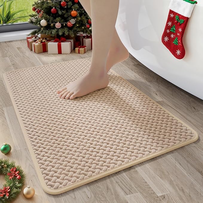 Bathroom Rugs Non Slip, Super Absorbent Quick Dry Bath Mats for Bathroom, Foam Weave Texture Thin Bath Rugs Washable with Rubber Backing Fit Under Door Outside Shower,16" x 24“