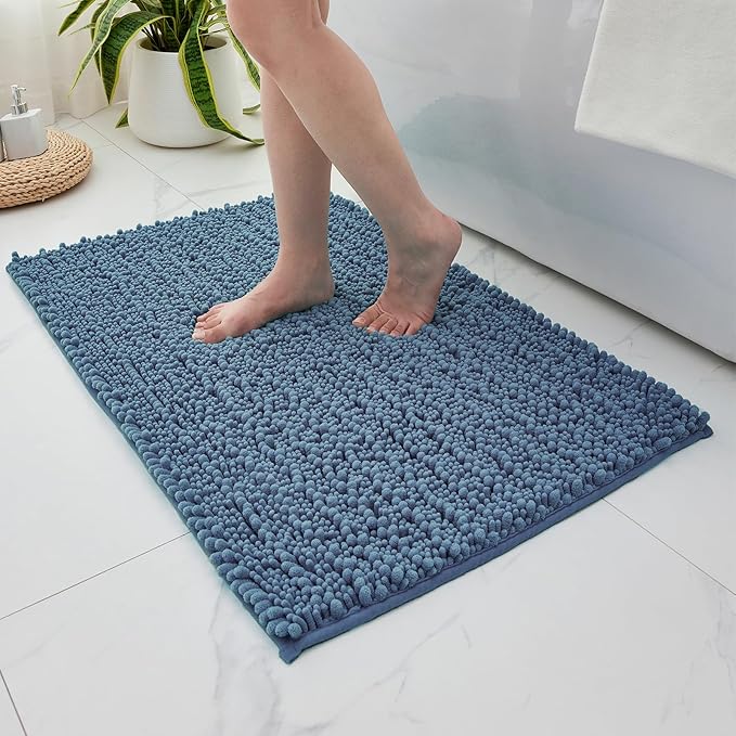 Small Bathroom Rug Non Slip Washable Blue Bath Mat 17x24 Super Absorbent Soft Bathroom Floor Mat Chenille Bath Rug for Shower Tub