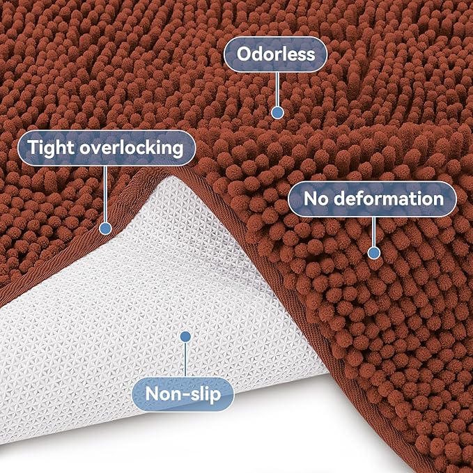 Bcoimo 44"×24" Absorbent Bath Mat, Non-Slip with Backing Chenille Bath Rug and Machine Washable Bathroom Mat Quick-Dry Design. Ideal for Bathroom and Tub Areas