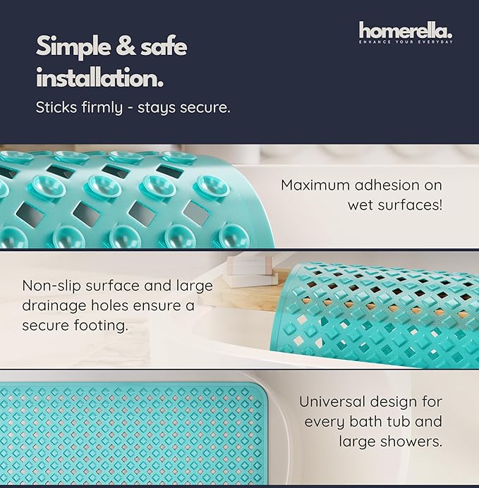 homerella® Bathtub Mat Non Slip 35x16, Incl. Hooks for Drying, Extra Long, 100% BPA Free, Shower Mat Non Slip Anti Mold, Machine Washable, Shower Mats for Inside Shower Mildew Resistant