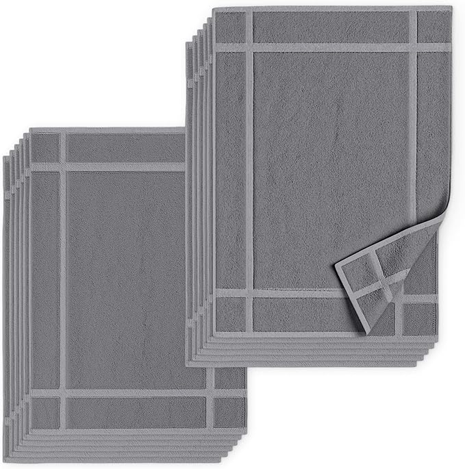 Pearl Linens Pack of 12 Washable Cotton Bath Mat 20x30 - Soft & Absorbent Quick Dry Bathroom Mat Set, Not Bathroom Rugs After Shower Mat, Terry Bath Tub Mat, 687 GSM Light Grey