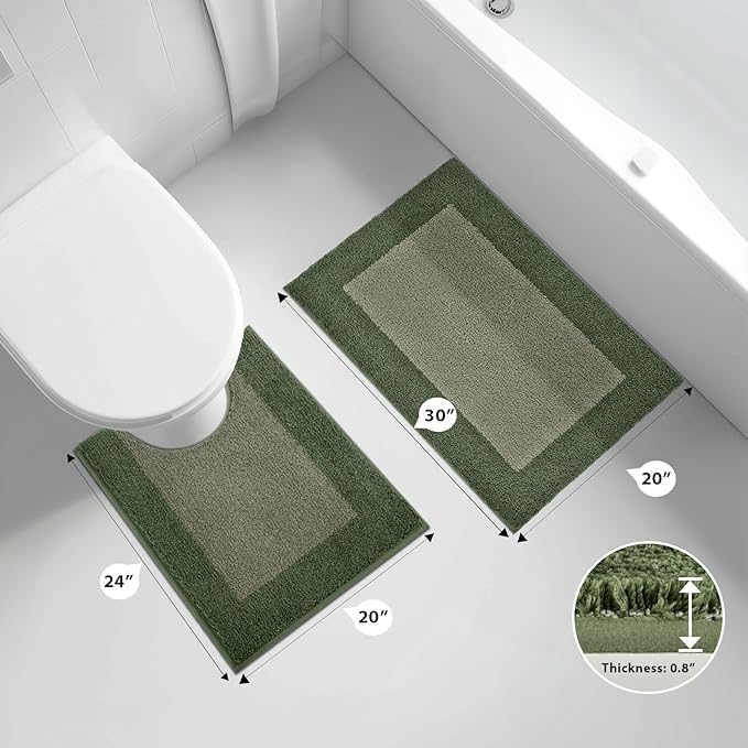 Bathroom Rugs U-Shaped 20" x 24", Non-Slip Extra Soft Absorbent Bath Rugs, Machine Washable Quick Dry Bath Mats for Toilet Base, Sage Green & Budding Green
