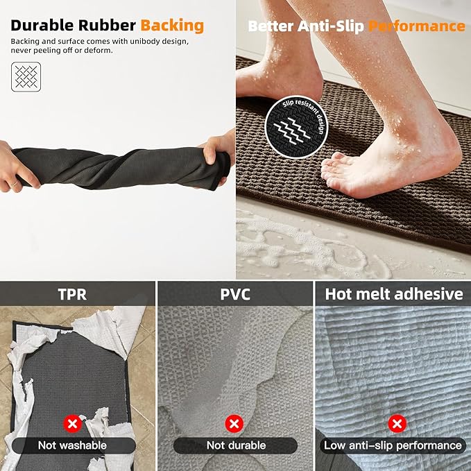 Bathroom Rugs Non Slip Washable, Super Absorbent Thin Bath Mat Quick Dry Low Pile Bathroom Rug, Brown 24"x47"