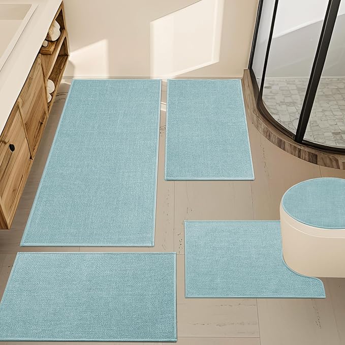 YIHOUSE Blue Bathroom Rug Sets 5 Piece, Bathroom Mat Quick Dry, Thin Bath Rug Set,Absorbent Bath Mat for Bathroom Non Slip Washable for Toilet and Floor