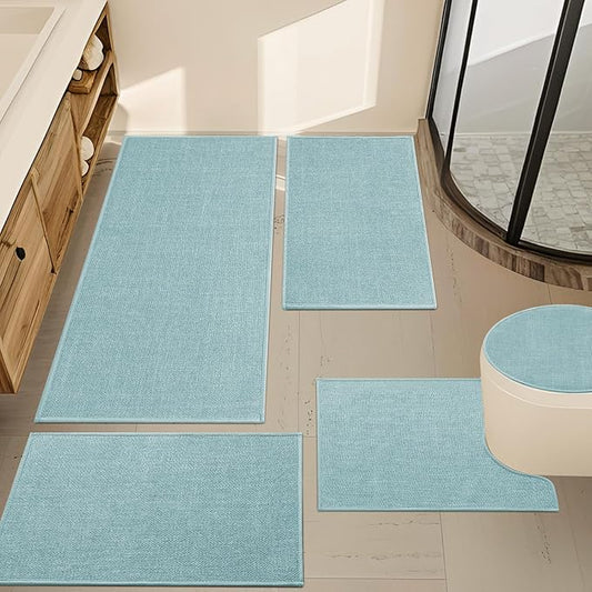 YIHOUSE Blue Bathroom Rug Sets 5 Piece, Bathroom Mat Quick Dry, Thin Bath Rug Set,Absorbent Bath Mat for Bathroom Non Slip Washable for Toilet and Floor
