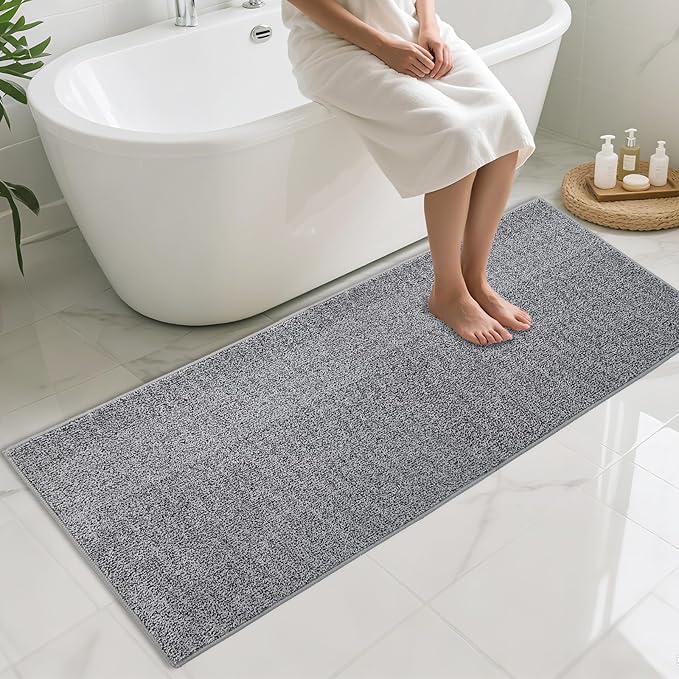 HDFK Bath Mat Runner Rug Non Slip 60x24 Inches Bathroom Rugs 2 Tone Chenille Medium Pile TPR Backing | Absorbency Solid Black White | Long Tub Side Mats for Wet Dry Transition Zone Modern Decor