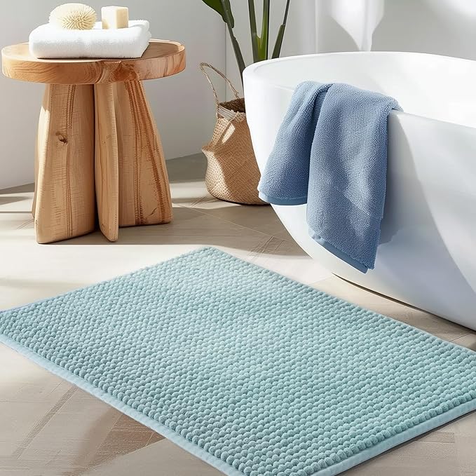 FRESHMINT Thick Chunky Chenille Bathroom Rug, 24"x36", Non Slip Bath Mat, Soft Bathroom Decor, Cute Shower Mat, Water Absorbent, Washable, Aqua Blue
