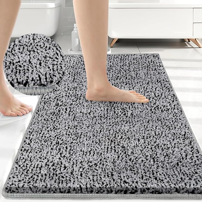 HDFK Bathroom Rugs Non Slip 30x20 Inches 2 Tone Plush Chenille Medium Pile with TPR Backing | Ultra Absorbent Solid Black White | Tub Floor Bath Mat for Shower Door Transitional Zone Decor