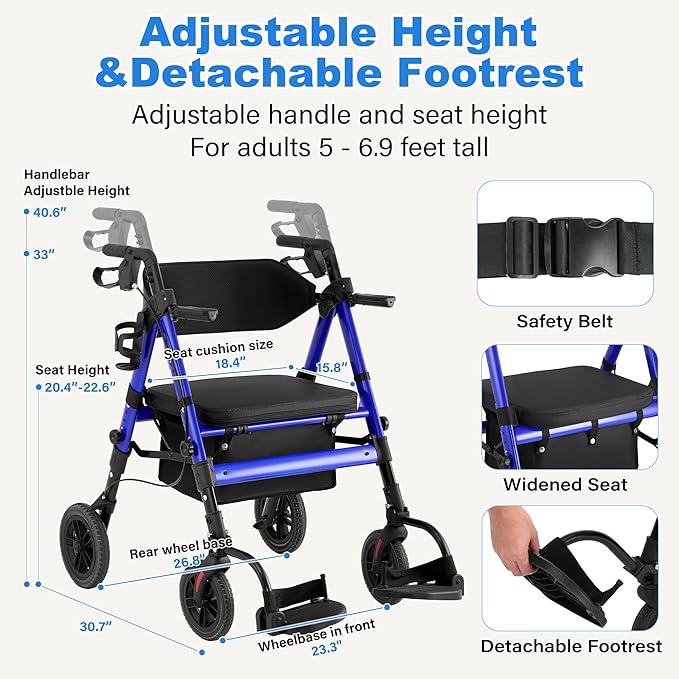Walkers for Seniors,Heavy Duty Rollator Walker Wheelchair Combo, 2 in 1 Rollator Transport Chair with Brakes, 450 lb Rolling Walker 10" Big Wheels for All Terrain, Blue