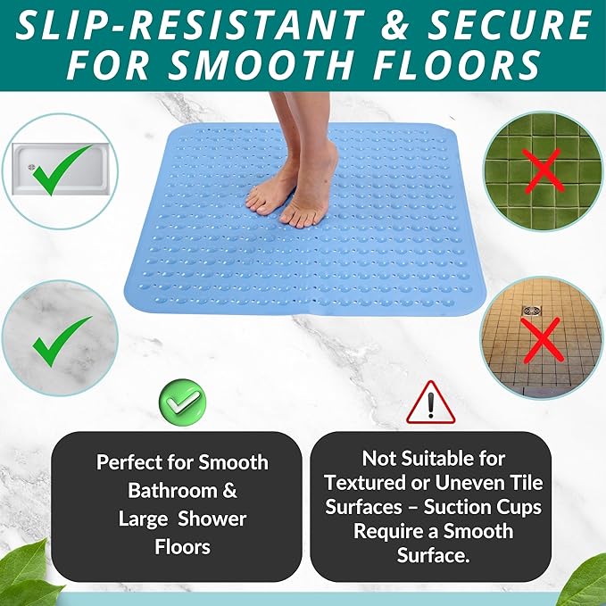 ENKOSI Extra Large Square Non Slip Shower Mat - 31 x 31-inch XL Bathroom Shower Mat - Square Shower Matts for Shower Stall Floors | Secure Suction Cups and Drain Holes (31x31 Aqua Blue)