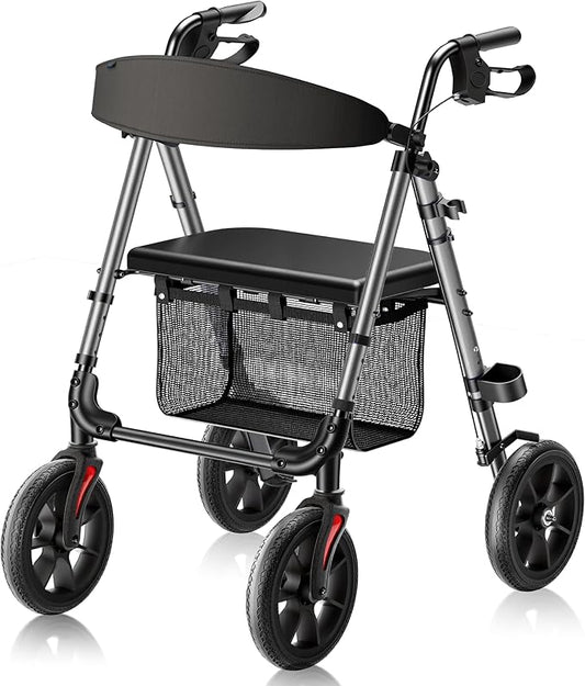 WALK MATE Walkers for Seniors, Rollator Walker with Seat 4 x10 Inch Big Wheels, Foldable All Terrain Rolling Walker, Lightweight Mobility Aid with Adjustable Height, 350lb Weight Capacity, Grey