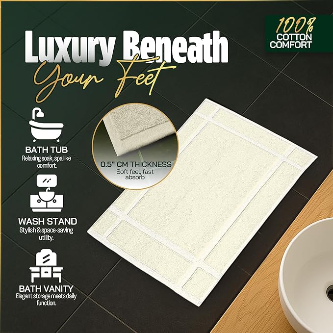 Pearl Linens Pack of 6 100% Cotton Bath Mat 20x30 inches, Soft & Absorbent Quick Dry Bathroom Mat Set, Not Bathroom Rugs, After Shower Mat, Bath Tub Mat, 687 GSM, Machine Washable, Ivory