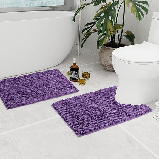 Walensee Bathroom Rug 2 Pieces Set Non Slip Bath Mat (20"x32" Plus 20"x24" U Lavender) Water Absorbent Super Soft Shaggy Chenille Machine Washable Dry Extra Thick Perfect Carpet for Shower Floor