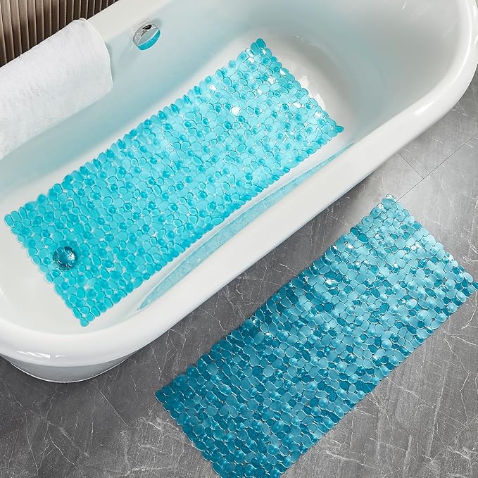Bath Shower Mat Non Slip: Extra Large Pebble Bathtub mat for Families, Anti Slip Shower Matt with Drain Holes Suction Cups Tub Mat - 16 X 40 Inch Clear Green