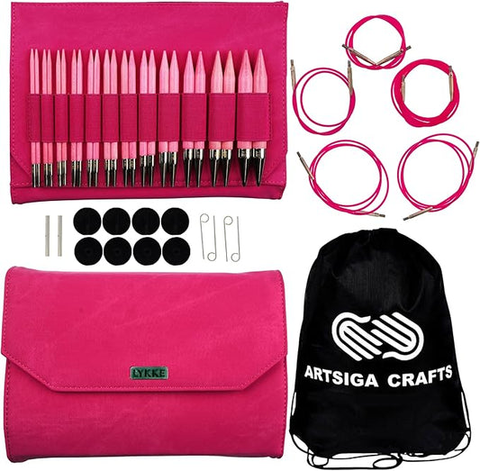Lykke Blush 5 in. Complete Set US Sizes 4, 5, 6, 7, 8, 9, 10, 10.5, 11, 13, 15, 17 Interchangeable Circ. Knitting Needles for DK, Worsted, Chunky Yarns, Birch, 5 Cords, Fuchsia DM Case, Project Bag