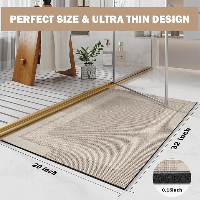 Non Slip Bath Mat, Rubber Backing Ultra Thin Bathroom Rugs Fit Under Door Quick Dry Super Absorbent Washable Bath Rug Shower Mat for Bathroom Floor Bathtub Shower Sink, Easy Care Beige 20"x 32"