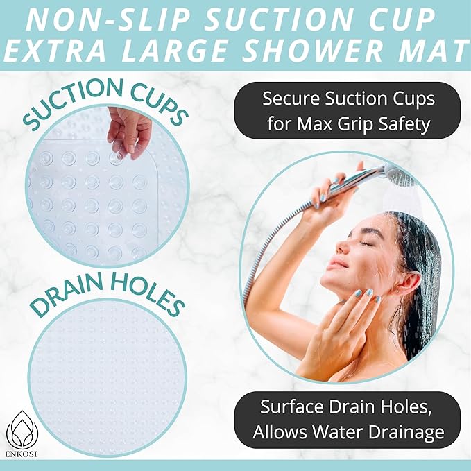 ENKOSI Extra Large Shower Mat Non Slip - 47 x 32 inch - XL Bathroom Shower Mat - Large Shower Matts for Shower Stall Floors - Secure Suction Cups and Drain Holes (47x32 Clear)