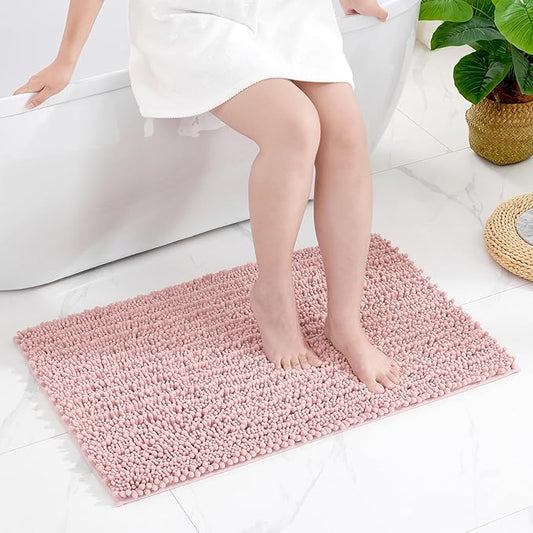 Small Bathroom Rug Non Slip Washable Pink Bath Mat 17x24 Super Absorbent Soft Bathroom Floor Mat Chenille Bath Rug for Shower Tub