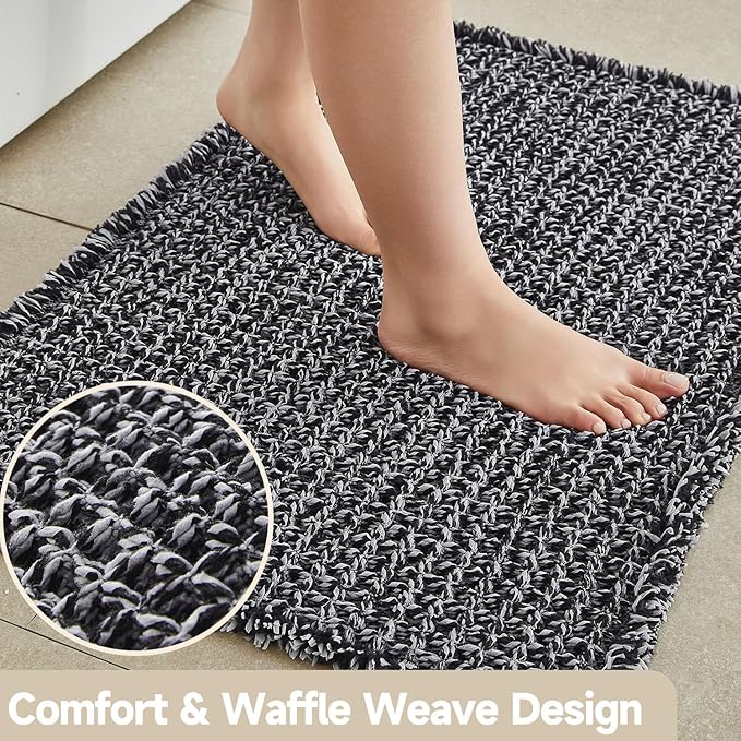 Black and White Bathroom Rugs, Waffle Bath Mat Non Slip Washable Super Absorbent Quick Dry Boho Farmhouse Bathroom Decor, 30"x20" Black and White