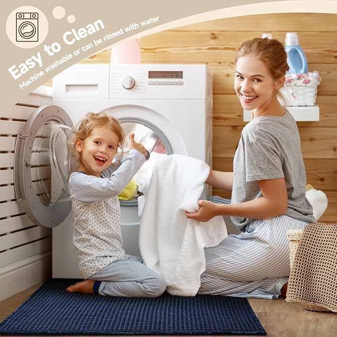 Waffle Runner Rug Bathroom, Long Boho Bathroom Rugs Non Slip Washable Super Absorbent Quick Dry Farmhouse Bath Decor, 72"x24" Navy Blue