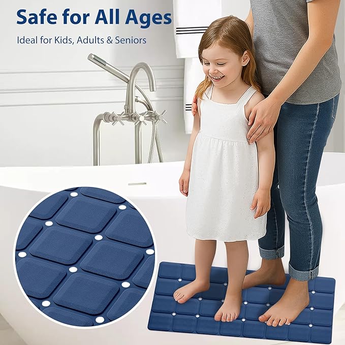 Silicone Bath Mat with Suction Cups – Non-Slip Foldable Bathtub & Shower Mat, Durable & Quick-Dry Safety Tub Mat with Large Drain Holes for Families 28"x 14" Navy Blue