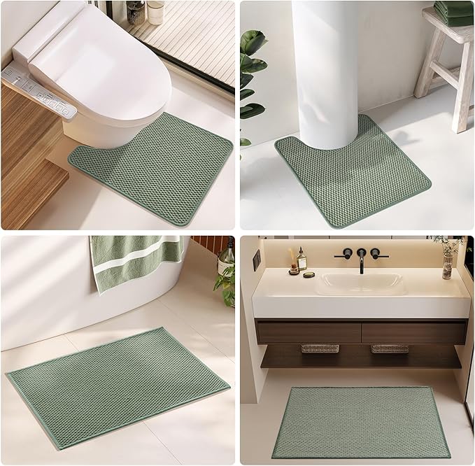 Toilet Rug, Thin Toilet Rugs U Shaped Washable Non Slip Absorbent Quick Dry Low Pile Toilet Mat, Sage Green 20"x24" U Shape