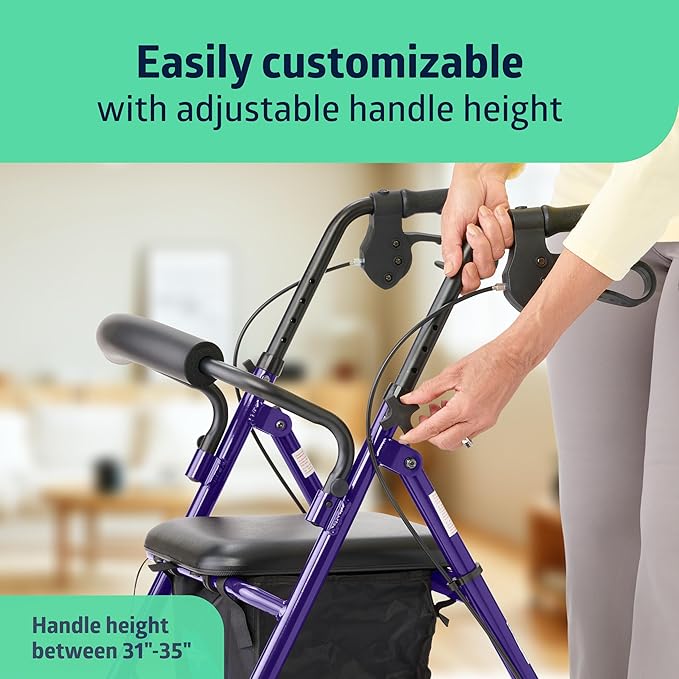 Medline Aluminum Rollator Walker with Seat, Purple, 250 lb. Weight Capacity, Lightweight, 6” Wheels, Foldable, Adjustable Handles, Rolling Walker for Seniors