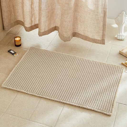 Pale Beige Bathroom Rug, Waffle Bath Mat Non Slip Washable Super Absorbent Quick Dry Boho Farmhouse Bathroom Decor, 36''x24'' Pale Beige