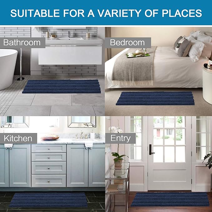 H.VERSAILTEX Bathroom Rugs Bath Rug Set 2 Piece Bathroom Contour Rug Toilet Mat Sets Non Slip Contour Bath Rug Ultra Thick Water Absorbent Striped Bath Mats Washable(47" x 17" Plus 20" x 20" U, Navy)