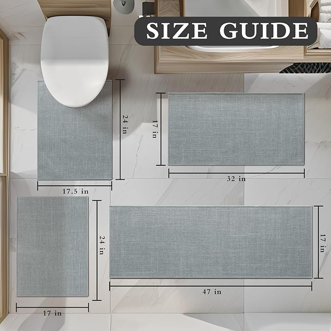 YIHOUSE Light Grey Bathroom Rugs Set 4 Piece, Absorbent Bath Mat for Bathroom Non Slip Washable, Quick Dry, Thin Bath Rug Set for Toilet and Floor