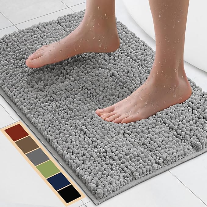 Bcoimo 24"×17" Chenille Bath Mat – Non-Slip with Backing Bath Rug Ultra-Absorbent and Machine Washable Bathroom Mat Quick-Dry Design. Ideal for Bathroom and Tub Areas