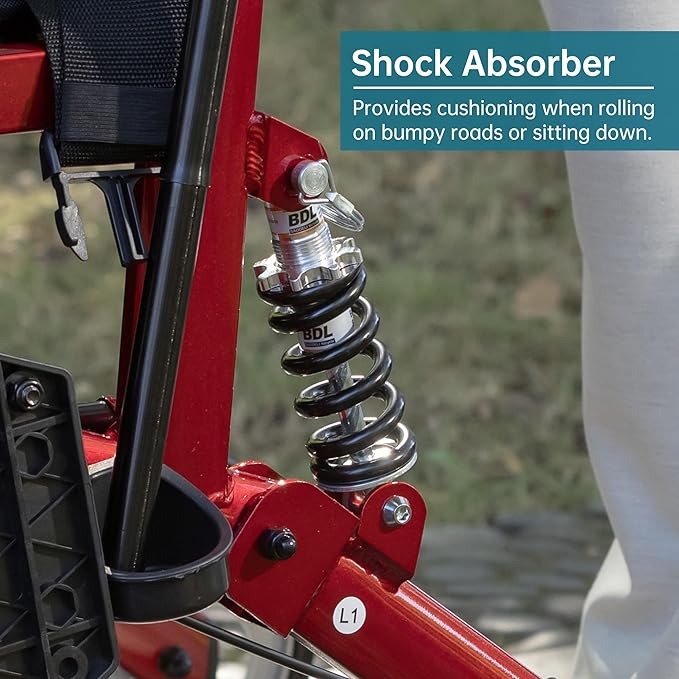 ELENKER 2 in 1 Rollator Walker & Transport Chair for Seniors, Folding Rolling Walker Wheelchair Combo with Wide Seat and Shock Absorber, Red