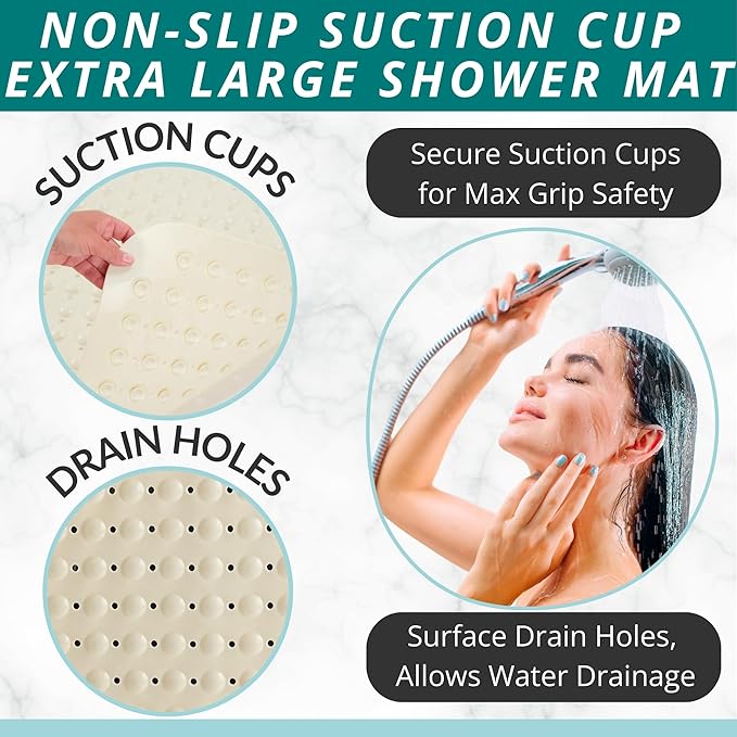 ENKOSI Extra Large Square Non Slip Shower Mat - 31 x 31-inch XL Bathroom Shower Mat - Square Shower Matts for Shower Stall Floors | Secure Suction Cups and Drain Holes (31x31 Pearl White)