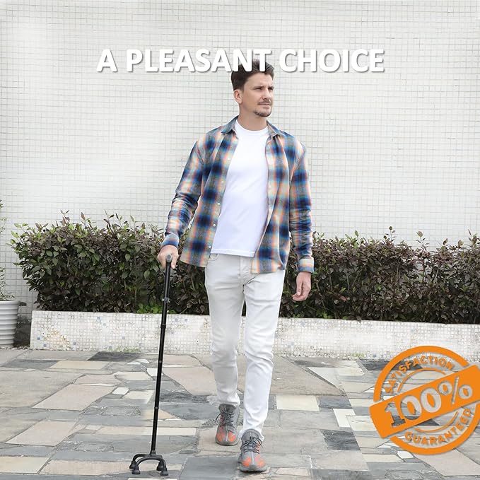 Rehand Quad Cane, Walking Cane with Ergonomic Handle Ever and Graceful 4-Pronged Base for Extra Stability, Adjustable Walking Sticks for Right or Left Handed Men & Women and Seniors