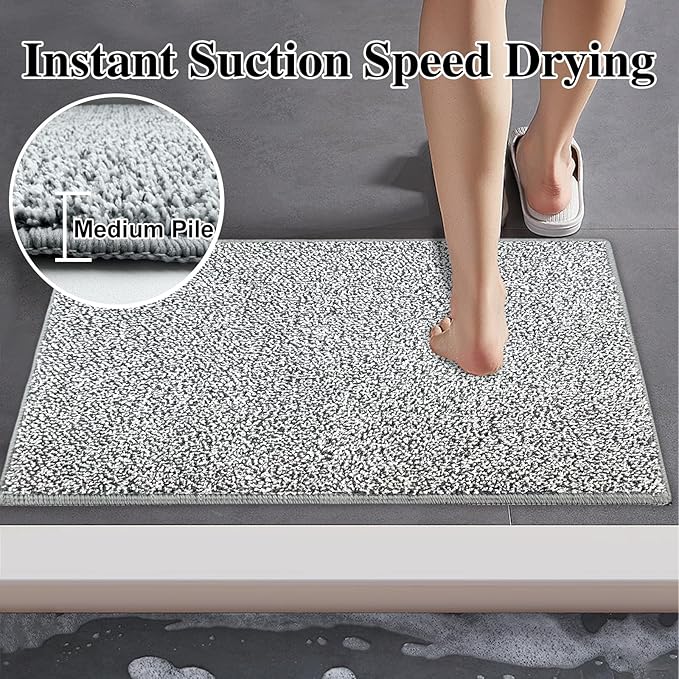 HDFK Bath Mat Non Slip 24x16 Inches 2 Tone Chenille Soft Medium Pile with TPR Backing | Absorbent Shower Rug | Light Gray Stain Hiding Bathroom Rugs for Wet Dry Transition Zone Front Decor