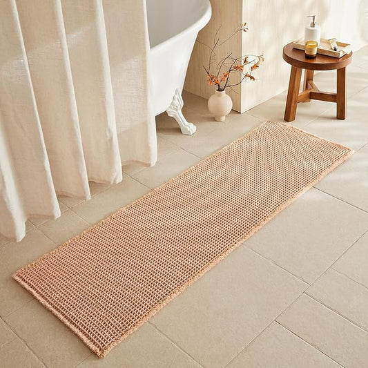 Waffle Runner Rug Bathroom, Long Boho Bathroom Rugs Non Slip Washable Super Absorbent Quick Dry Farmhouse Bath Decor, 72"x24" Light Peach