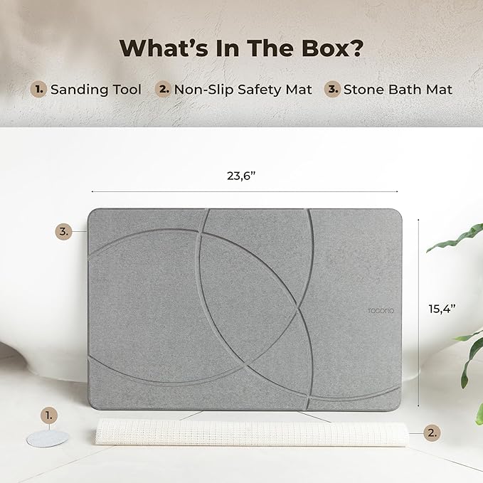 Stone Bath Mat, Diatomaceous Earth Non-Slip Stone Shower Mat - Quick Drying Absorbent Bath Mats for Bathroom - Elegant & Modern Design, Easy to Clean (23.5 x 15) - Graphite