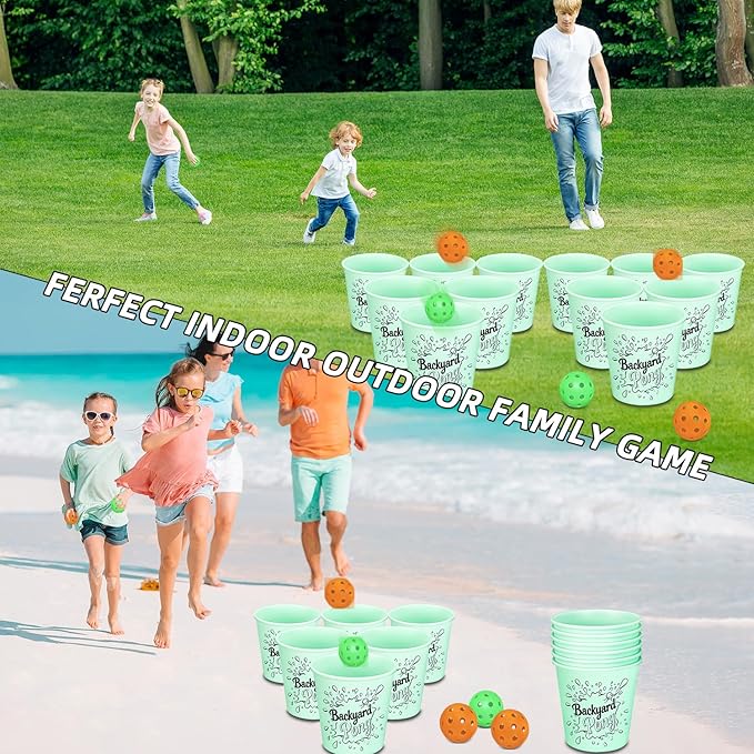 Mostop Yard Pong Outdoor Games Glow in Dark, Giant Yard Game Set with 12 Buckets, 6 Balls and Carrying Bag, Toss Throwing Game for Kids Adults Lawn, Beach, Camping, Tailgating or Backyard Activities