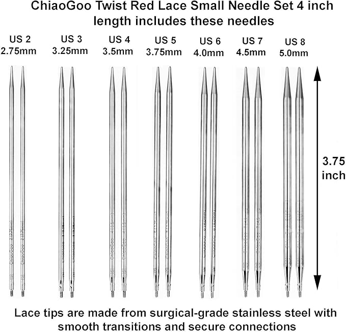 ChiaoGoo Twist Red Lace 4-Inch Small 7400-S Interchangeable Circular Knitting Needle Set, Sizes US 2, 3, 4, 5, 6, 7, 8, Stainless Steel with 4 Cords with Project Bag
