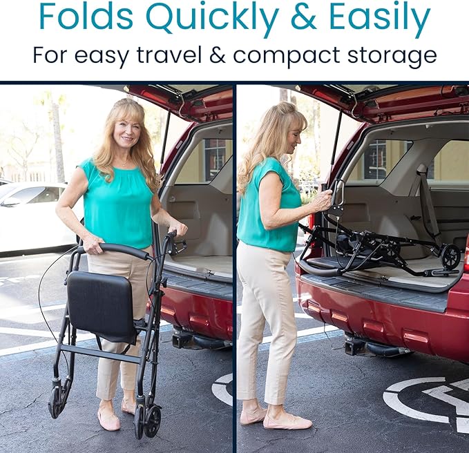 Vive Ultra Lightweight Rollator Walker with Seat - Foldable, Narrow, Rolling Senior Walker for Small Spaces - 4 Wheel Aluminum Adult Easy Drive Aid with Underseat Accessory - Weighs Only 14 Lbs