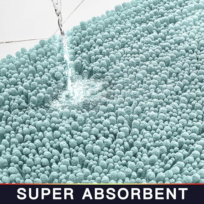 Walensee Bathroom Rug 2 Pieces Set Non Slip Bath Mat (20"x32" Plus 20"x24" U spa Blue) Water Absorbent Super Soft Shaggy Chenille Machine Washable Dry Extra Thick Perfect Carpet for Shower Floor