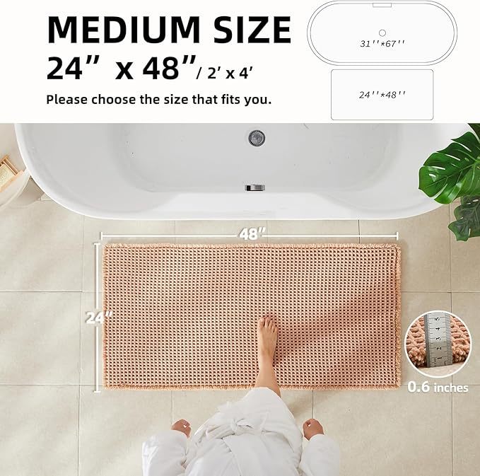 Waffle Bath Mat, Boho Bathroom Rugs Non Slip Washable Super Absorbent Quick Dry Bath Mat Farmhouse Bathroom Decor, 48"x24" Light Peach