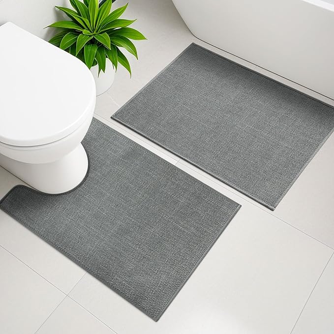 YIHOUSE Grey Bathroom Rug Sets 2 Piece, Bath Mat Quick Dry, Thin Bath Rug Set, Absorbent Bath Mat for Bathroom Non Slip Washable for Toilet and Floor 17.5"x24"U+17"x24"