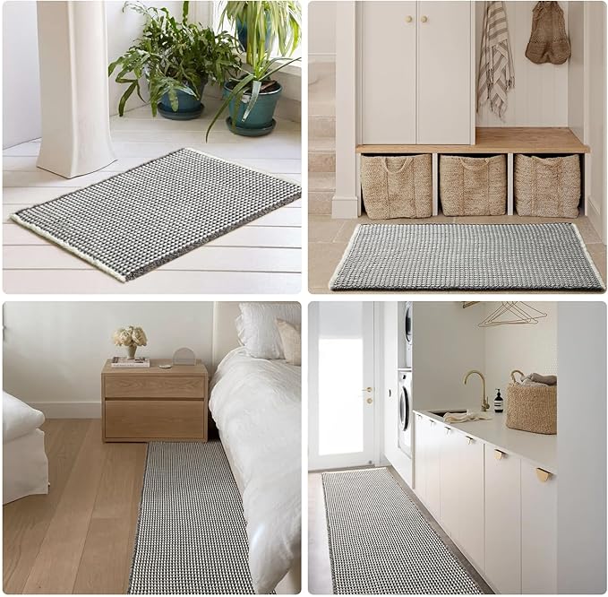 Waffle Bath Mat, Boho Bathroom Rugs Non Slip Washable Super Absorbent Quick Dry Bath Mat Farmhouse Bathroom Decor, 24"x16" Grey and White