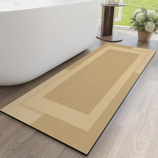 Non Slip Long Bathroom Runner Rug Bath Mat, Rubber Backing Ultra Thin Bathroom Rugs Fit Under Door Quick Dry Super Absorbent Washable Shower Mat for Bathtub Sink Floor, Brown 17"x59"