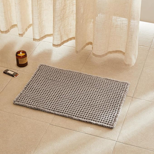Waffle Bath Mat, Boho Bathroom Rugs Non Slip Washable Super Absorbent Quick Dry Bath Mat Farmhouse Bathroom Decor, 24"x16" Light Grey