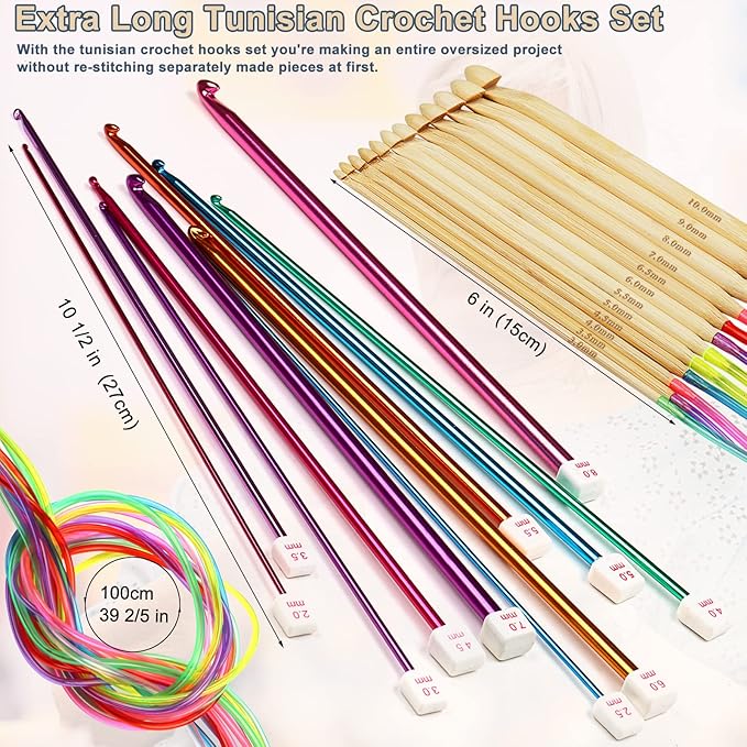 Coopay 23 PCS Tunisian Crochet Hooks Set Including 11 PCS 2.0-8.0mm Metal Long Crochet Hooks & 12 PCS 3.0-10.0mm Carbonized Bamboo Afghan Crochet Needles with Cable, Crochet Hook Set Extra Long