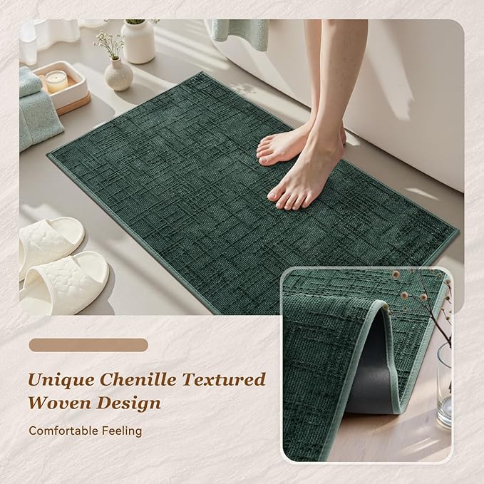 AMOAMI Bath Mat Non Slip Super Absorbent Quick Dry Bath Mats for Bathroom Floor Rubber Backing Washable Bathroom Rugs Modern Woven Jacquard Mat, Beside Tub Bath Rugs, 17" x 24", Green