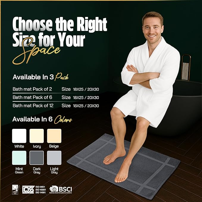 Pearl Linens 100% Ring Spun Cotton Bath Mat (Pack of 6) 20 x 30 Inch, Washable, Soft & Absorbent Terry Bathroom Floor Mat – Not Bathroom Rugs – Quick-Dry After Shower Bath Mat, 687 GSM, Dark Grey